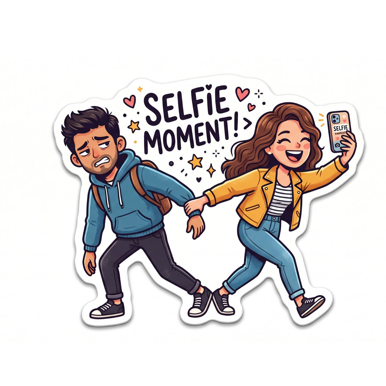 Cartoon illustration of two people taking a selfie with 'Selfie Moment!' text.