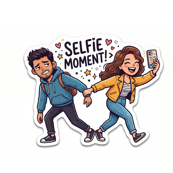 Cartoon illustration of two people taking a selfie with 'Selfie Moment!' text.
