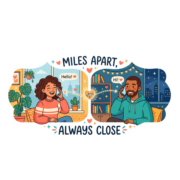 Illustration of two people on a phone call with text 'Miles Apart, Always Close' between them.