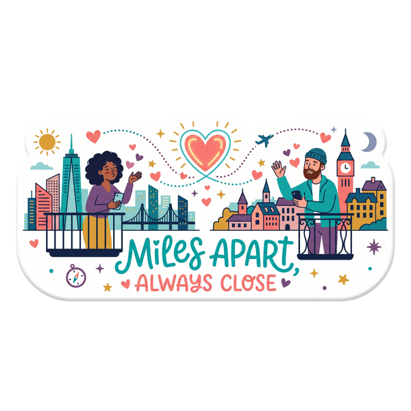 Illustration of two people on a balcony with a heart and cityscape, featuring the text 'Miles Apart, Always Close'.