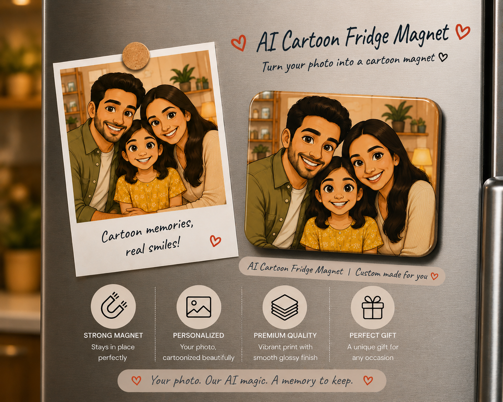 An AI-generated promotional graphic for a cartoon fridge magnet, showing a sample magnet on a refrigerator door alongside a sample photo that transforms into a cartoon family portrait. The graphic includes marketing text and feature icons.