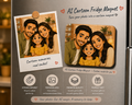 An AI-generated promotional graphic for a cartoon fridge magnet, showing a sample magnet on a refrigerator door alongside a sample photo that transforms into a cartoon family portrait. The graphic includes marketing text and feature icons.