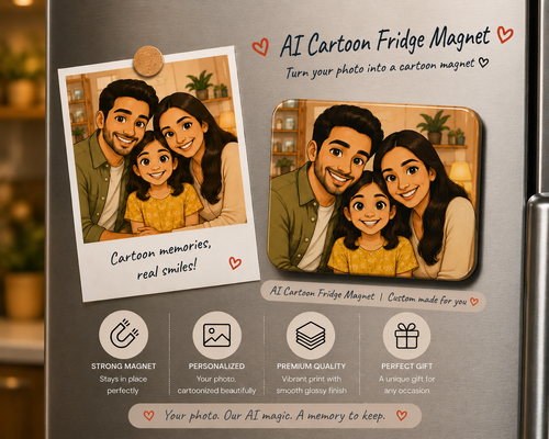 An AI-generated promotional graphic for a cartoon fridge magnet, showing a sample magnet on a refrigerator door alongside a sample photo that transforms into a cartoon family portrait. The graphic includes marketing text and feature icons.