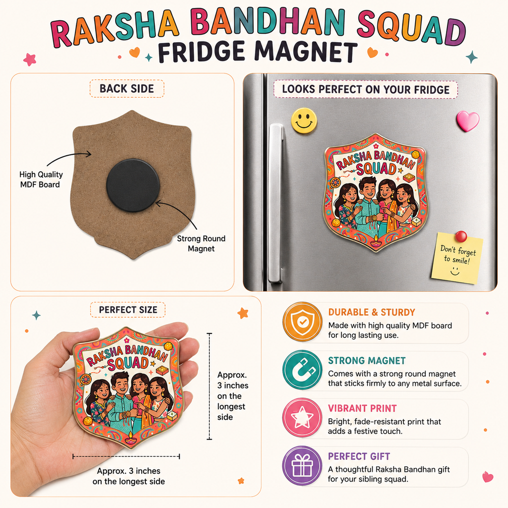 Raksha Bandhan Squad fridge magnet with packaging and features displayed.