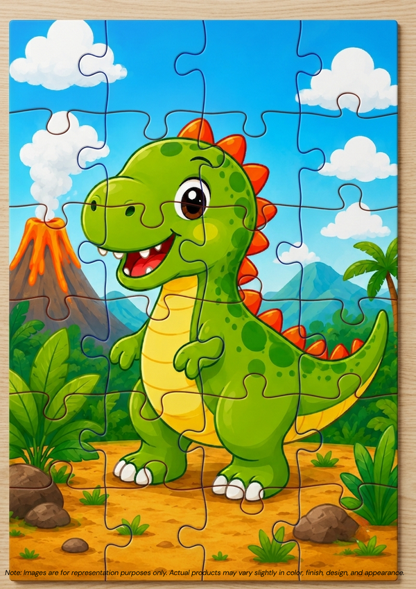A completed children's jigsaw puzzle showing a cartoon green dinosaur with orange spikes on a prehistoric landscape with blue sky, clouds, volcano, plants, and rocks, photographed on a light wood surface.