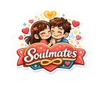 Cute Soulmates couple fridge magnet with romantic cartoon illustration, hearts, and colorful love-themed design.
