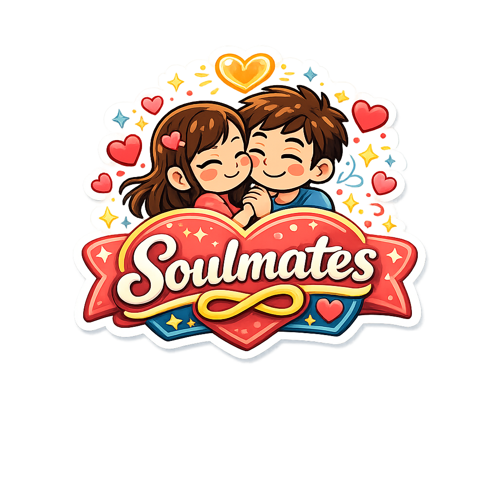 Cute Soulmates couple fridge magnet with romantic cartoon illustration, hearts, and colorful love-themed design.