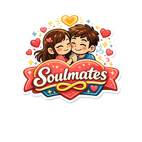 Cute Soulmates couple fridge magnet with romantic cartoon illustration, hearts, and colorful love-themed design.