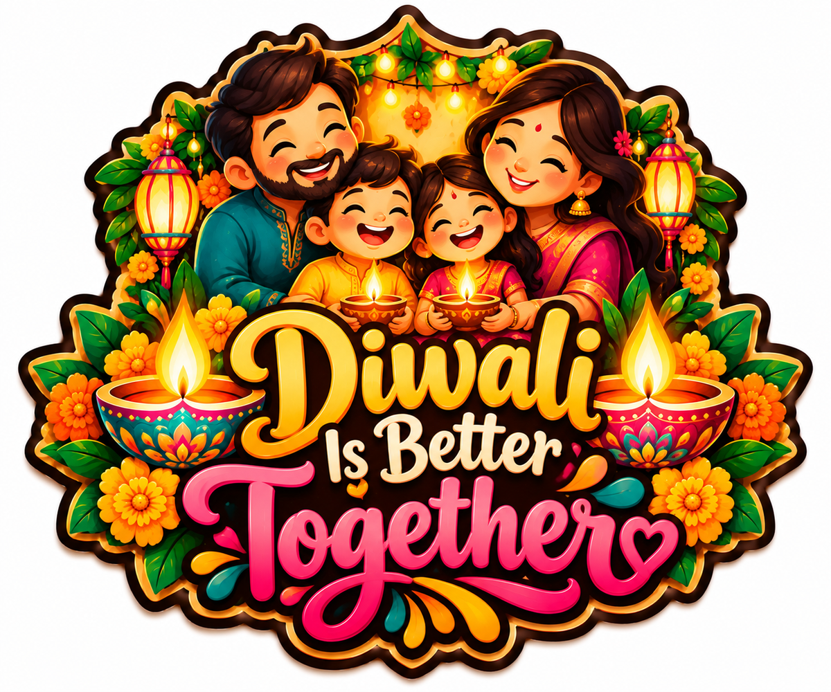 Diwali Is Better Together family fridge magnet with parents, children and diyas