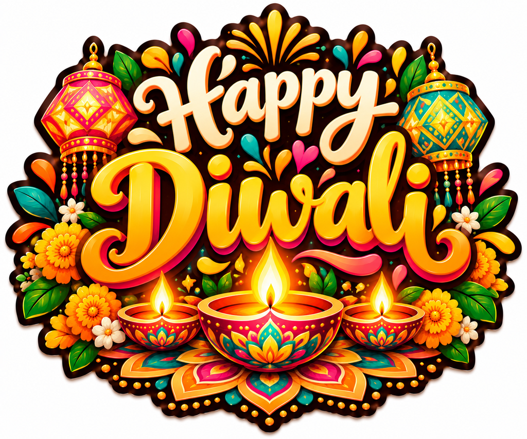 Happy Diwali fridge magnet with colorful diyas, lanterns and festive floral decorations