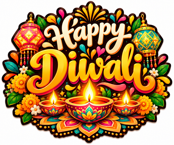 Happy Diwali fridge magnet with colorful diyas, lanterns and festive floral decorations
