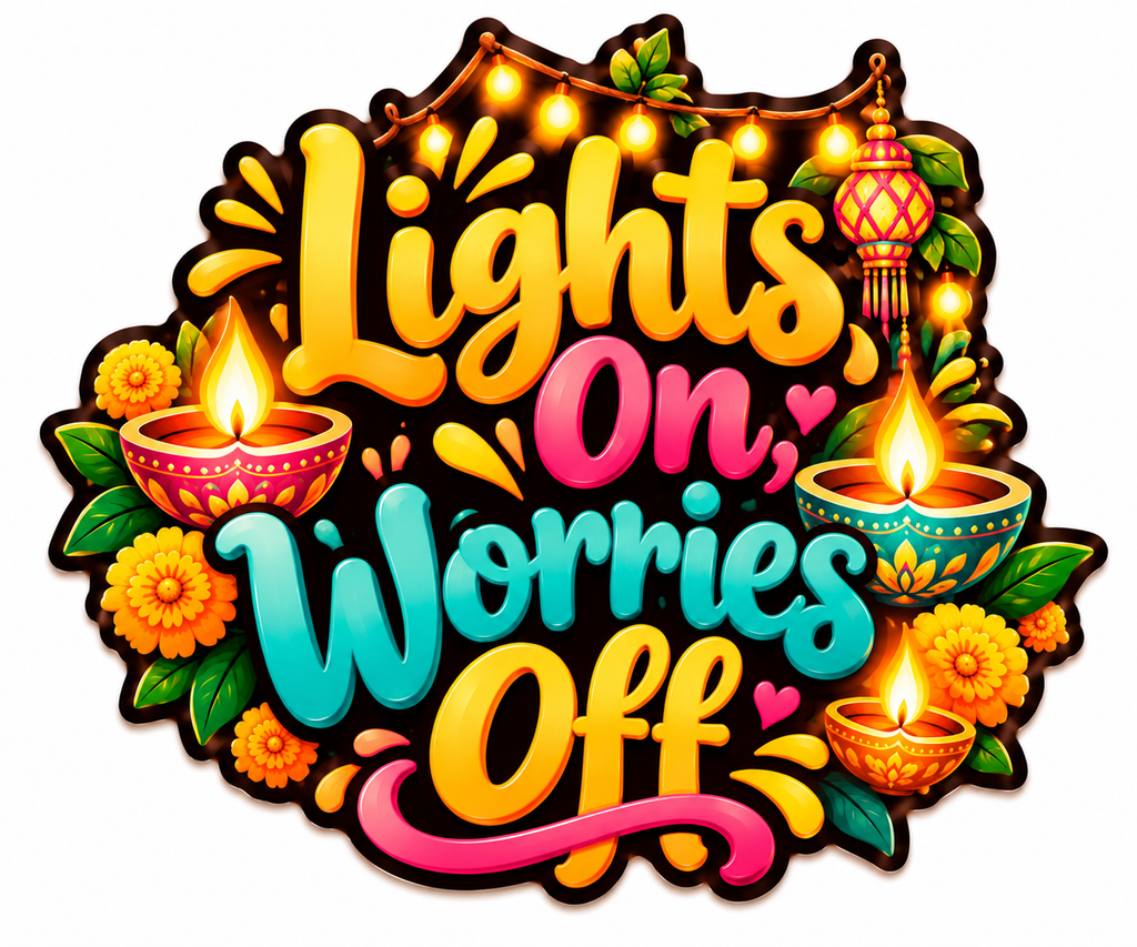 Lights On Worries Off Diwali fridge magnet with colorful diyas, flowers and playful lettering