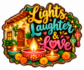 Lights Laughter and Love Diwali fridge magnet with festive home, diyas and flowers