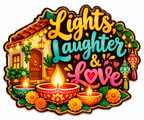 Lights Laughter and Love Diwali fridge magnet with festive home, diyas and flowers