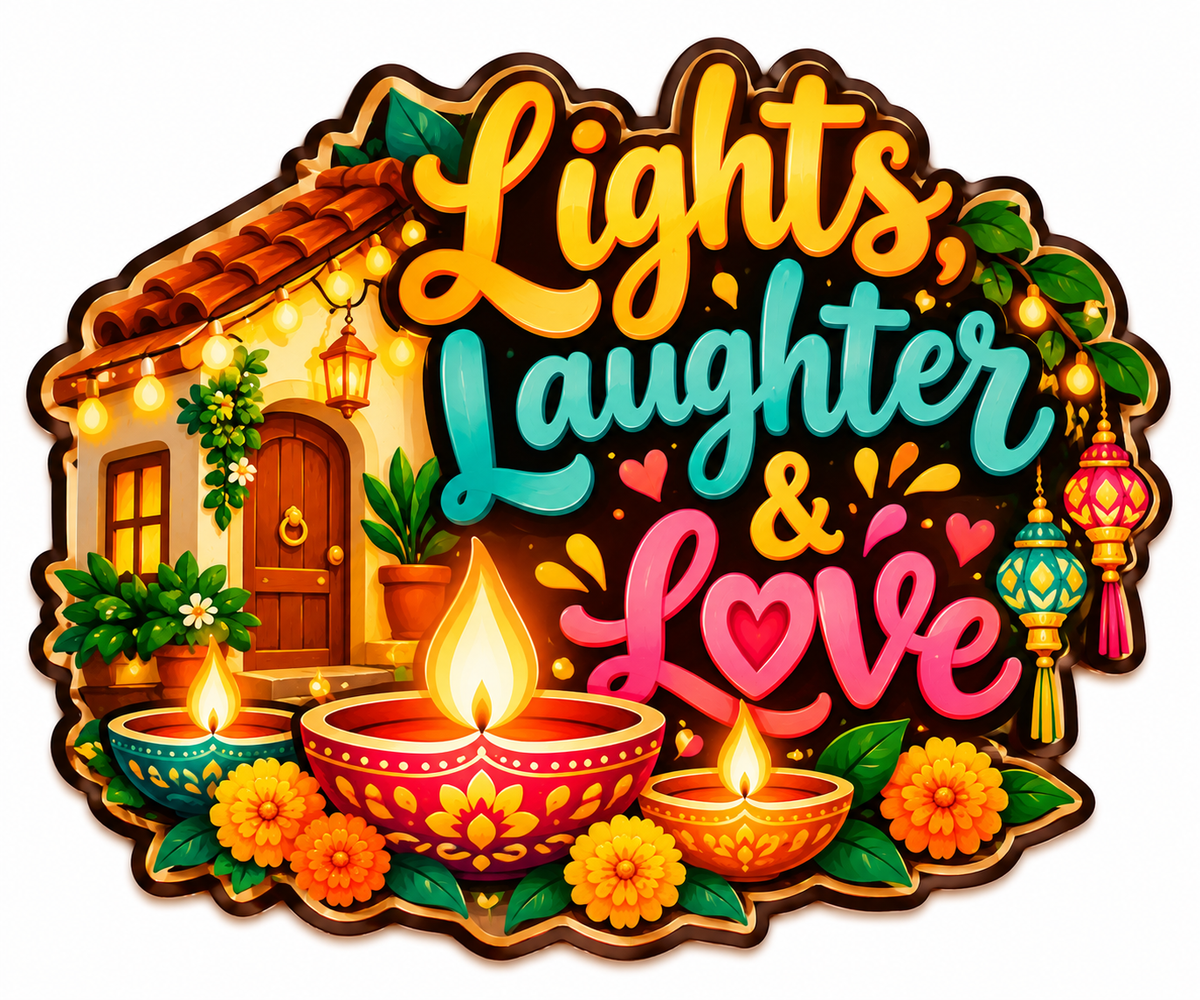 Lights Laughter and Love Diwali fridge magnet with festive home, diyas and flowers