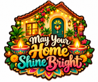 May Your Home Shine Bright Diwali fridge magnet with decorated home, diyas and rangoli