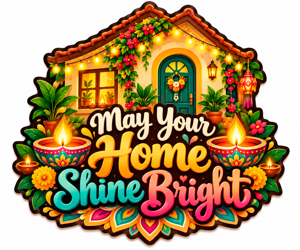 May Your Home Shine Bright Diwali fridge magnet with decorated home, diyas and rangoli