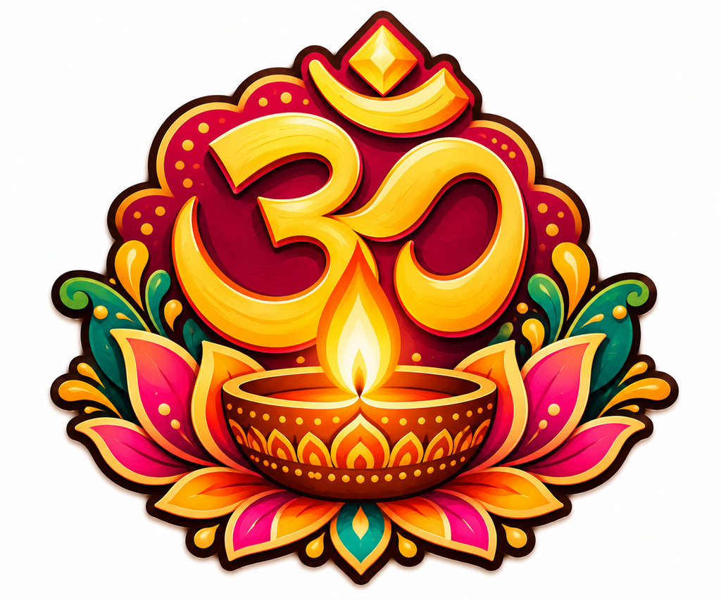 Radiant Om Diya Lotus Diwali fridge magnet with golden Om, diya and colorful lotus petals