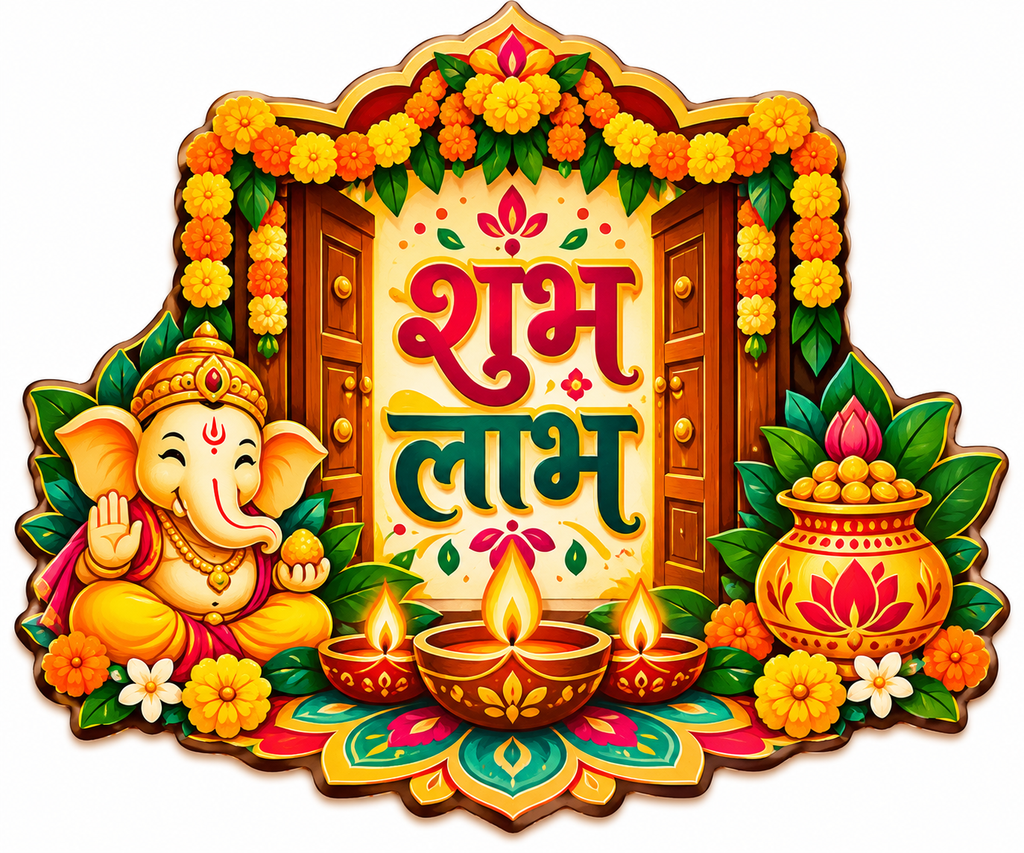 Shubh Deepawali fridge magnet with glowing diya, colorful rangoli and festive lettering
