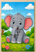 Cute elephant wooden puzzle sitting in a garden.