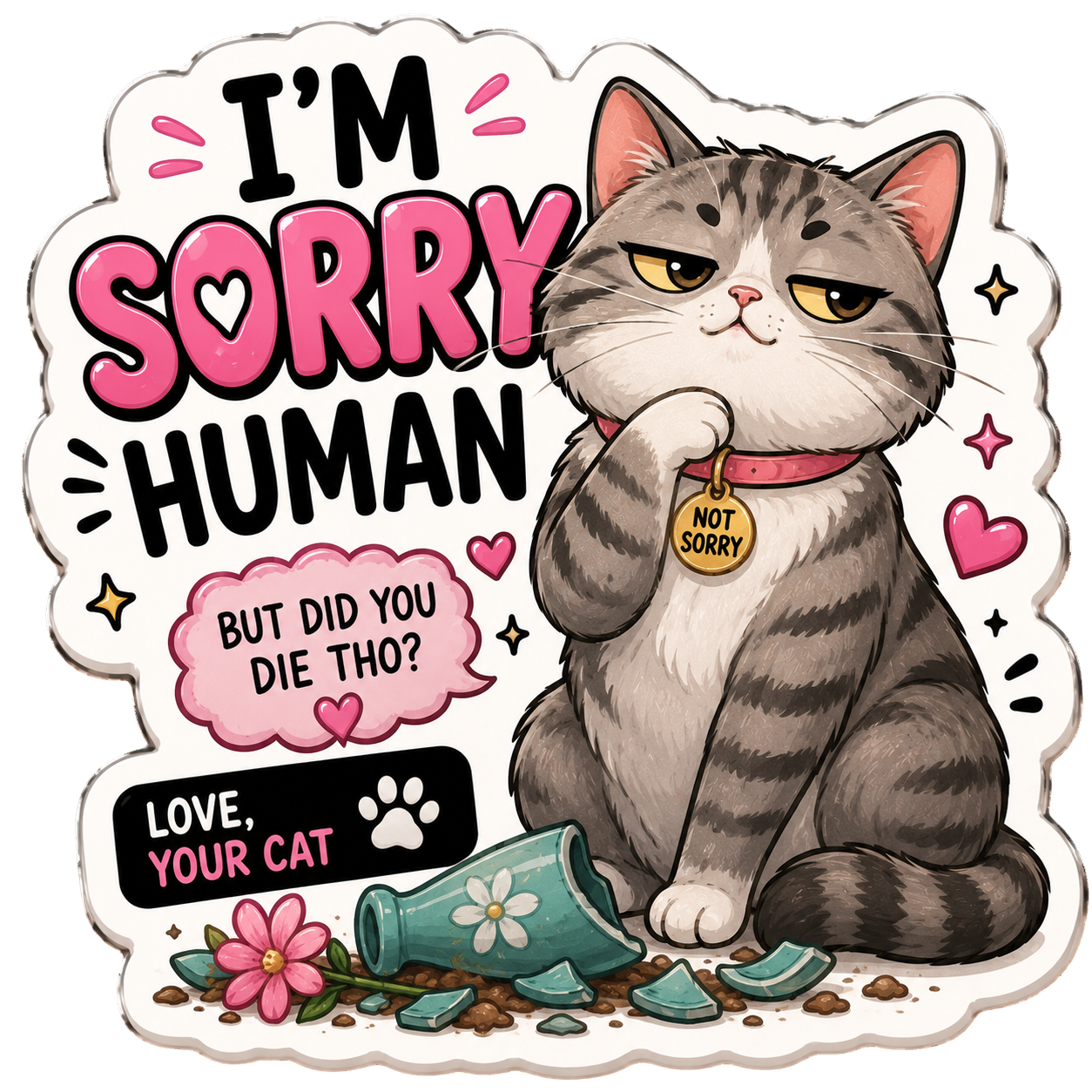 Cartoon cat with humorous text and expressions on a white background