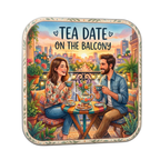 Decorative tin with illustration of a couple on a balcony, holding tea cups, and text 'Tea Date on the Balcony'.