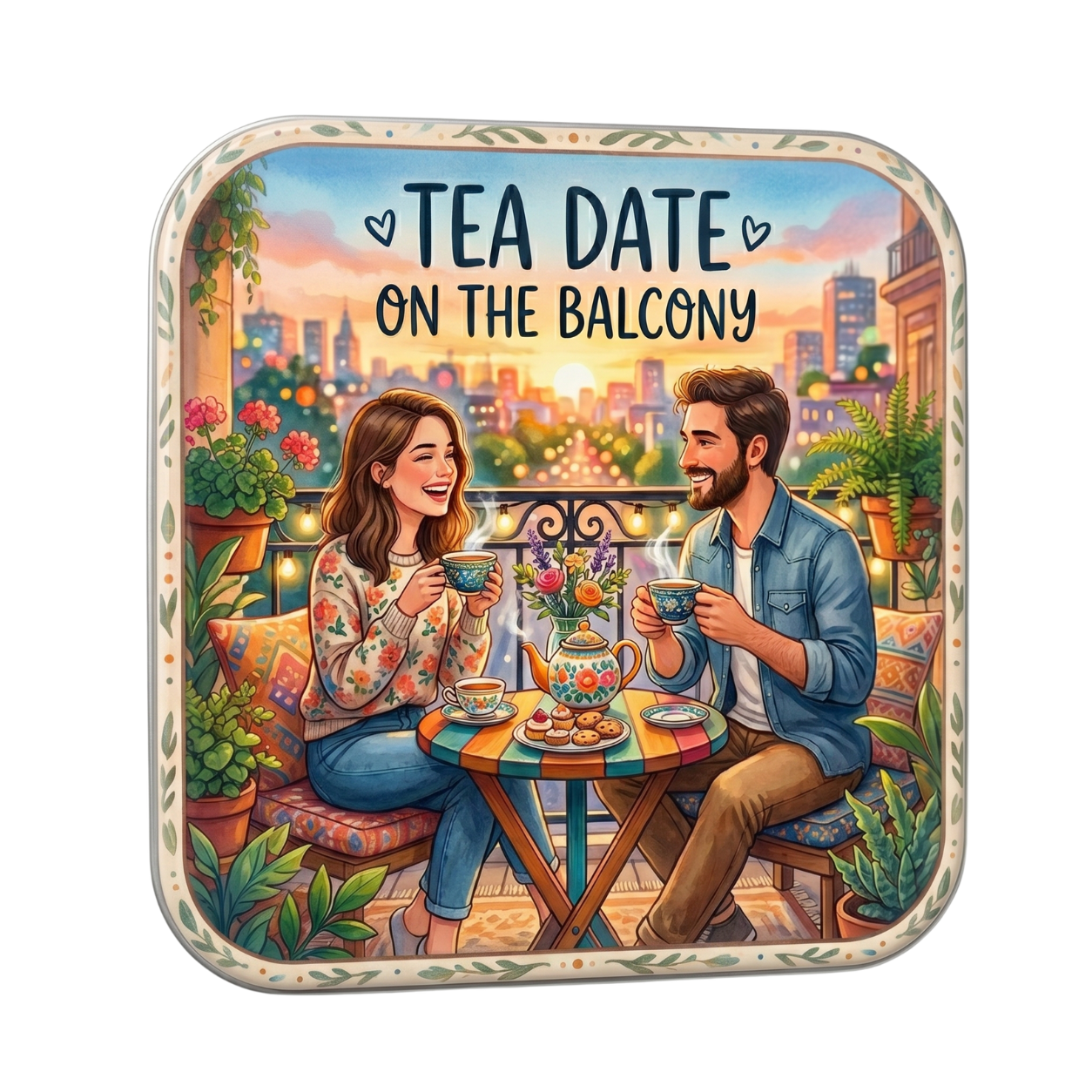 Decorative tin with illustration of a couple on a balcony, holding tea cups, and text 'Tea Date on the Balcony'.