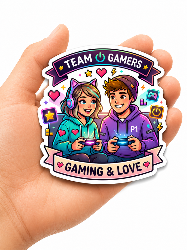 Sticker with two gamers holding hands and the text 'Team Gamers Gaming & Love' held by a hand.