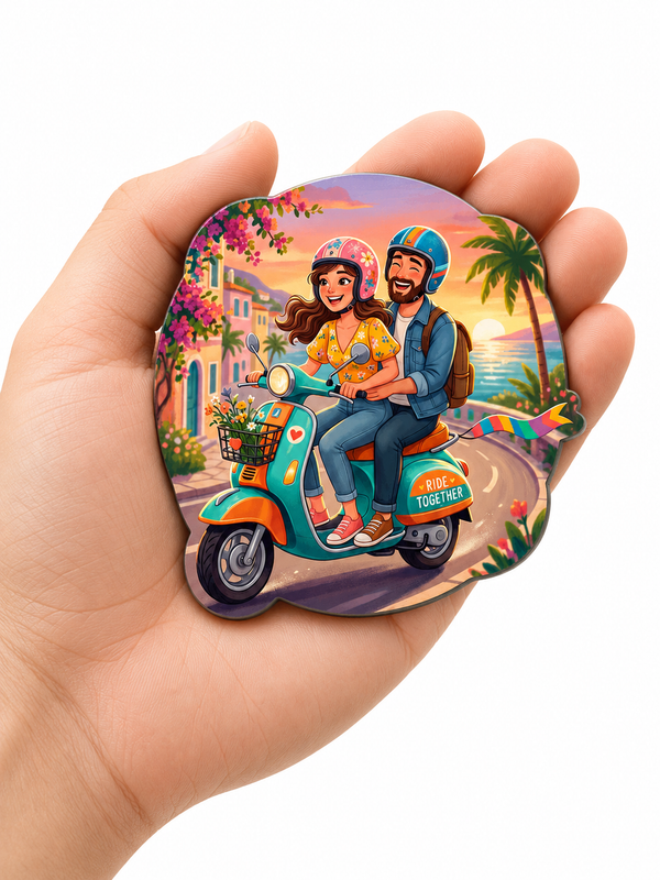 Fridge Magnet of a couple on a scooter with a tropical background held in a hand.
