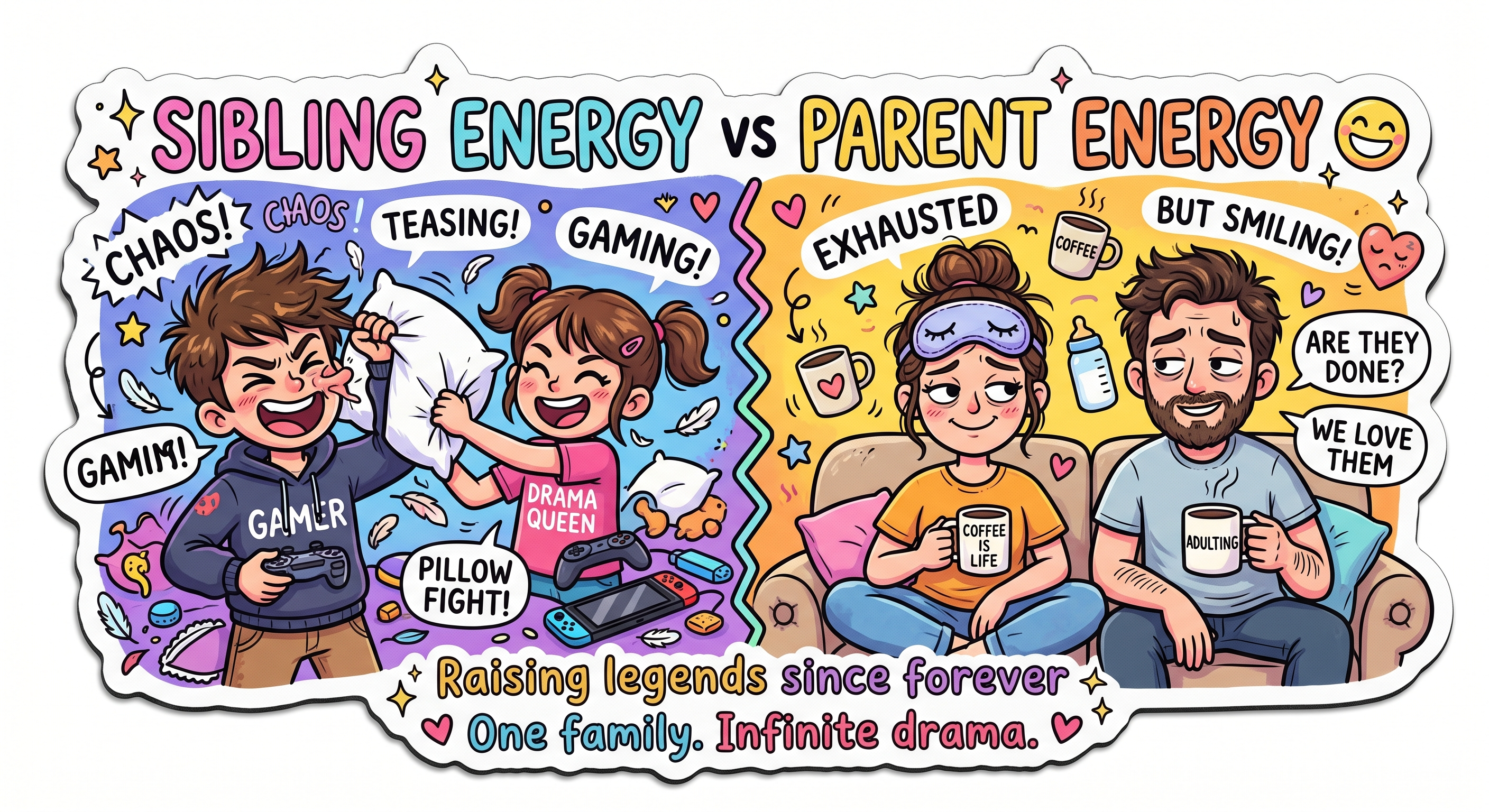 Sibling Energy vs Parent Energy Cartoon Fridge Magnet
