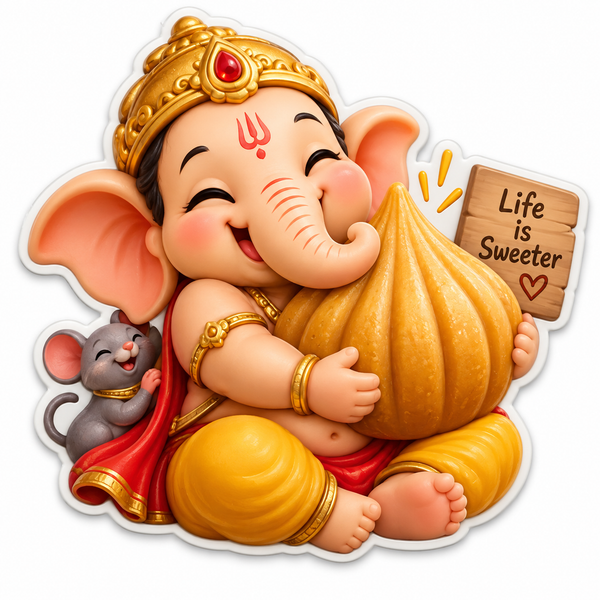 Cute baby Ganesha holding a large modak with a little mouse