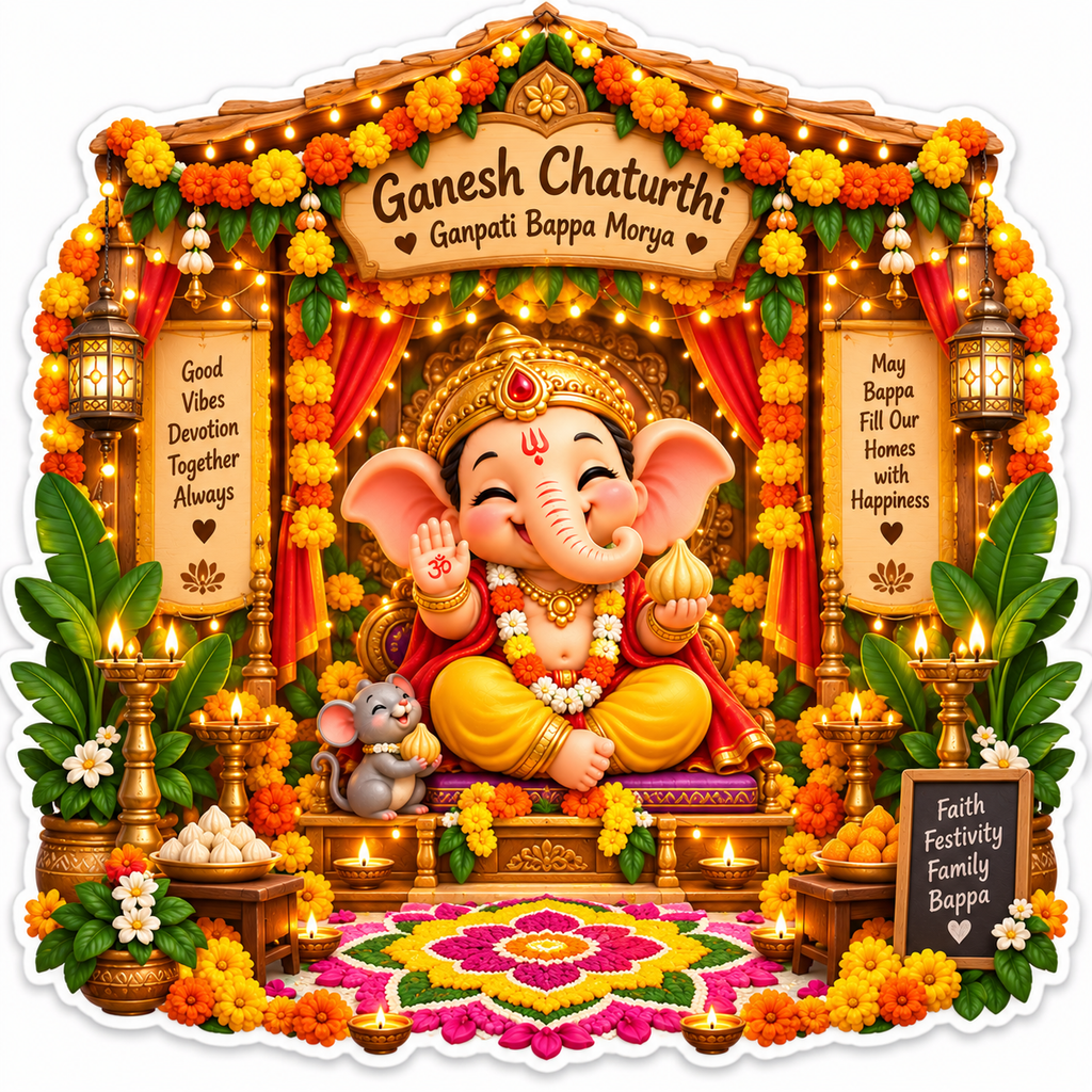 Baby Ganesha seated in a richly decorated Ganesh Chaturthi mandap