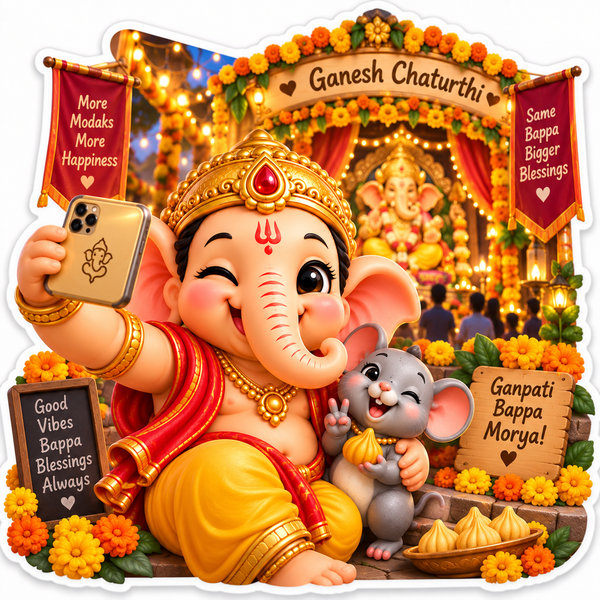 Baby Ganesha taking a festive selfie with his mouse friend