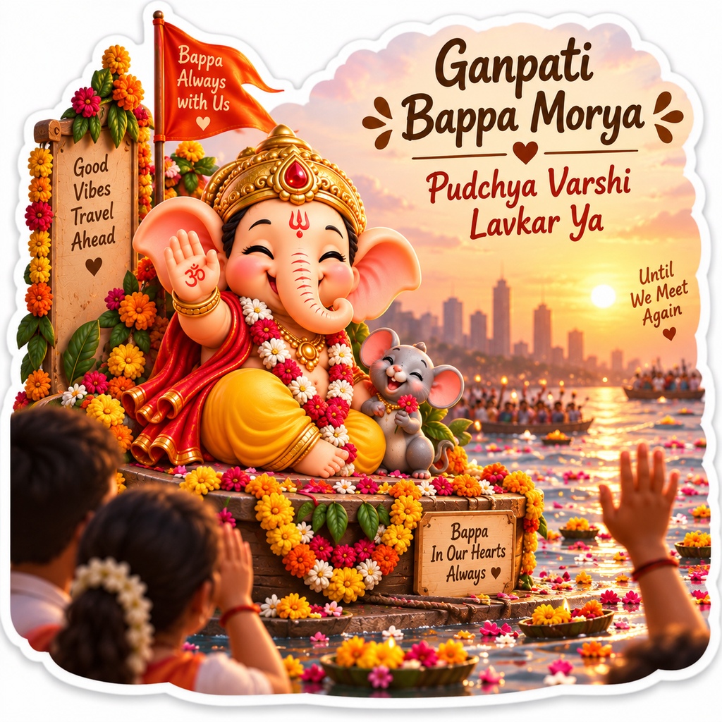 Baby Ganesha visarjan scene with devotees and flowers by the water