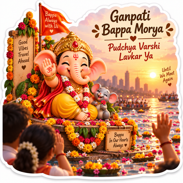 Baby Ganesha visarjan scene with devotees and flowers by the water