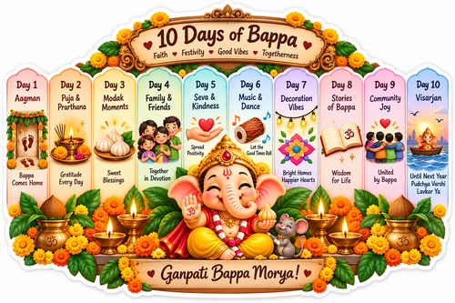10-day Bappa celebration calendar featuring baby Ganesha and festive scenes