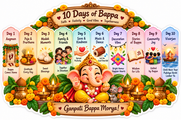 10-day Bappa celebration calendar featuring baby Ganesha and festive scenes