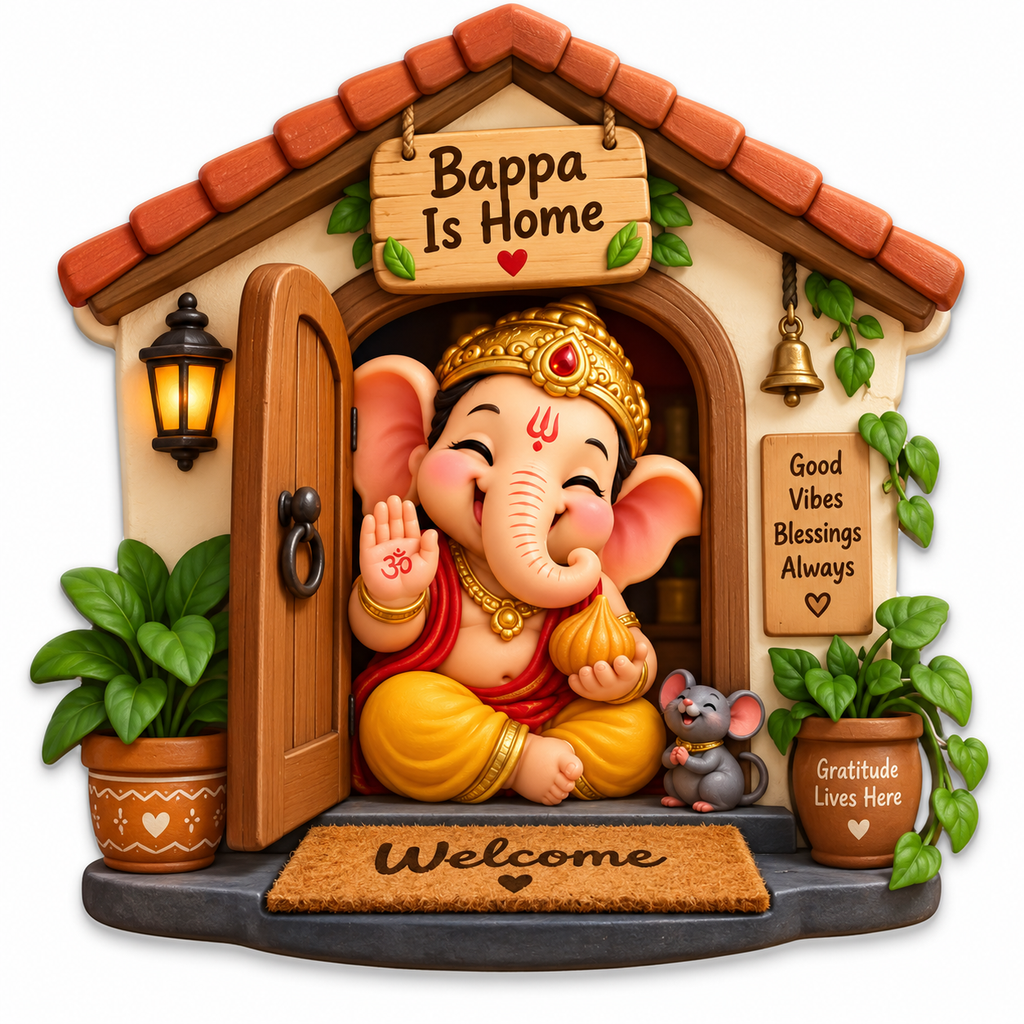 Baby Ganesha welcoming from a decorated home doorway with a mouse