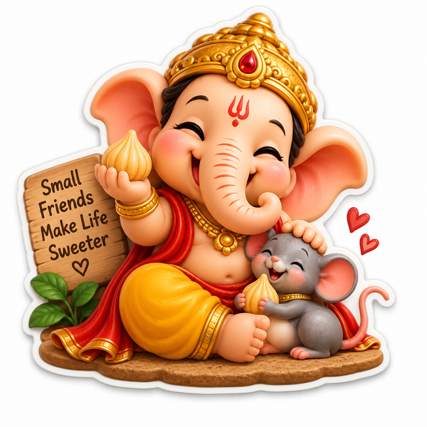 Baby Ganesha sharing modaks with his little mouse friend