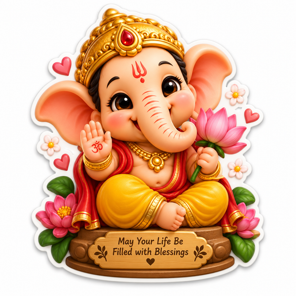 Baby Ganesha holding a pink lotus surrounded by flowers and hearts