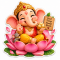 Baby Ganesha seated on a large pink lotus with a little mouse
