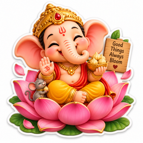 Baby Ganesha seated on a large pink lotus with a little mouse