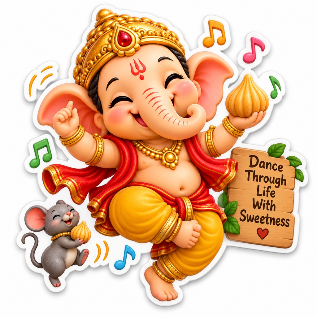 Dancing baby Ganesha holding a modak with colorful music notes