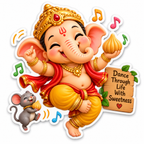 Dancing baby Ganesha holding a modak with colorful music notes