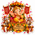Baby Ganesha on a decorated festive palanquin with two drumming mice