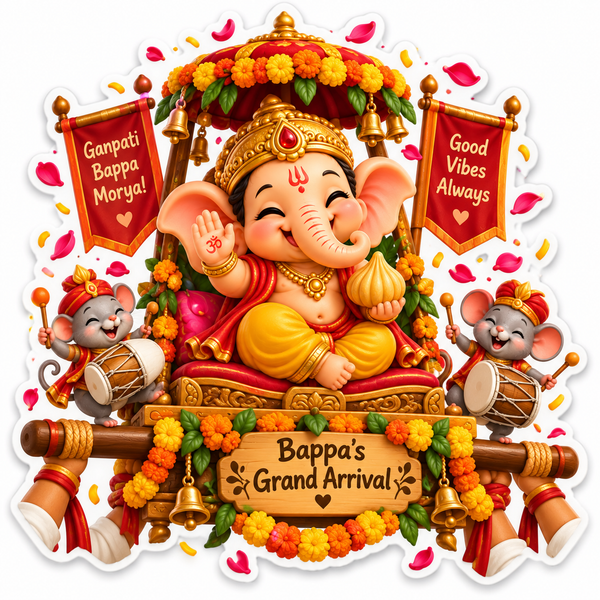 Baby Ganesha on a decorated festive palanquin with two drumming mice