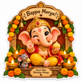 Baby Ganesha seated in a flower and diya decorated shrine