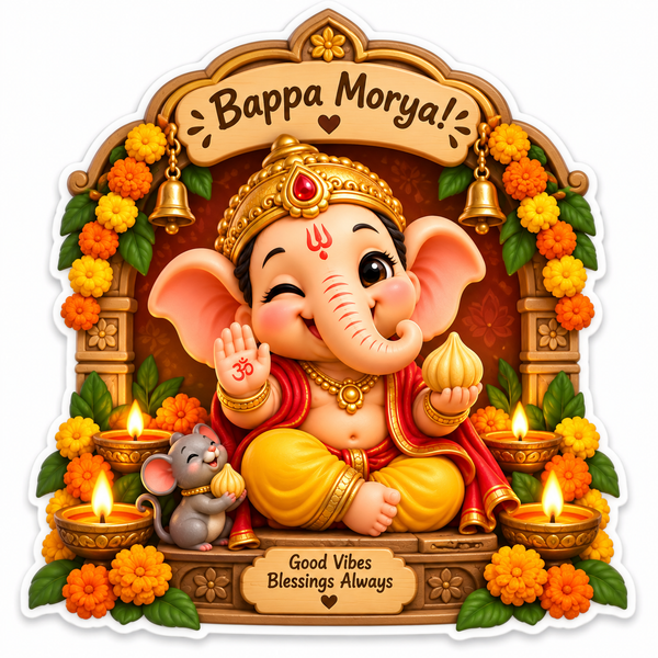 Baby Ganesha seated in a flower and diya decorated shrine