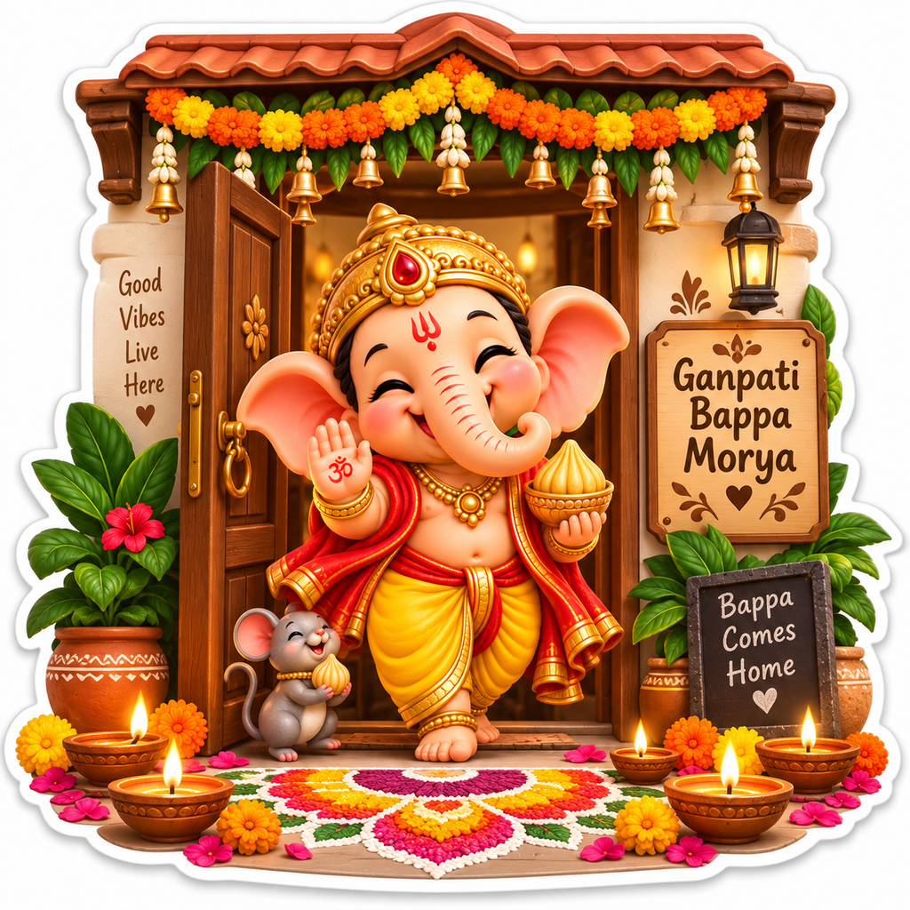 Baby Ganesha standing at a decorated doorway with rangoli and diyas
