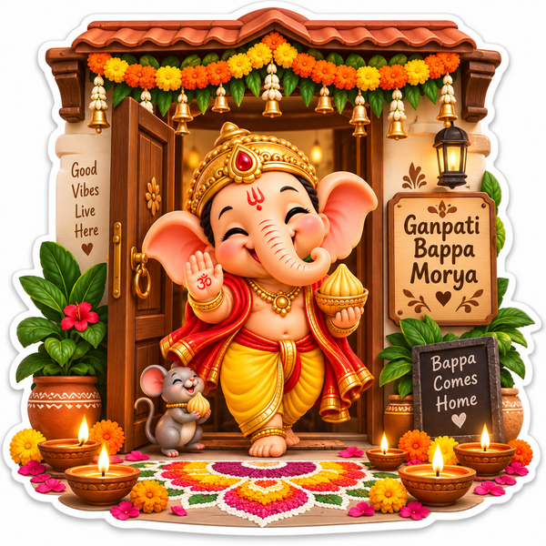 Baby Ganesha standing at a decorated doorway with rangoli and diyas
